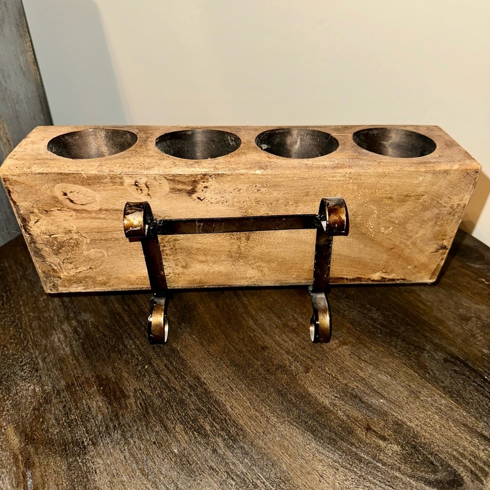 Rustic Wooden Candle Holder with Metal Stand